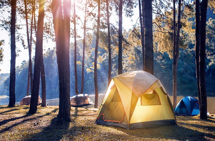 晨光中河边的帐篷