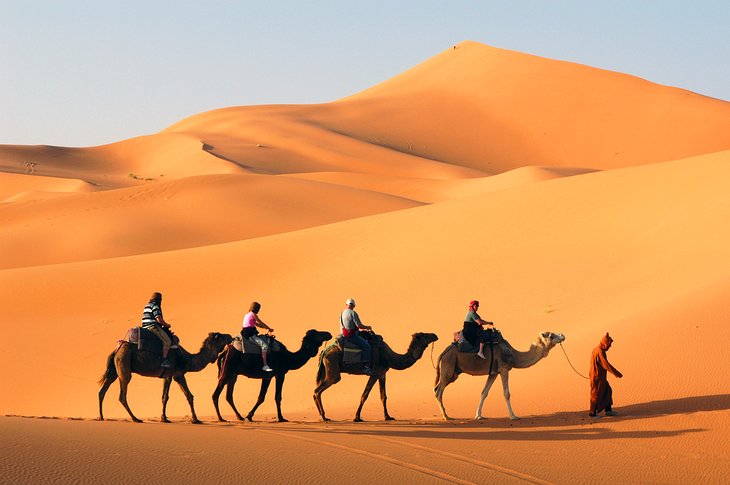 在摩洛哥Camel-trekking穿过撒哈拉沙漠