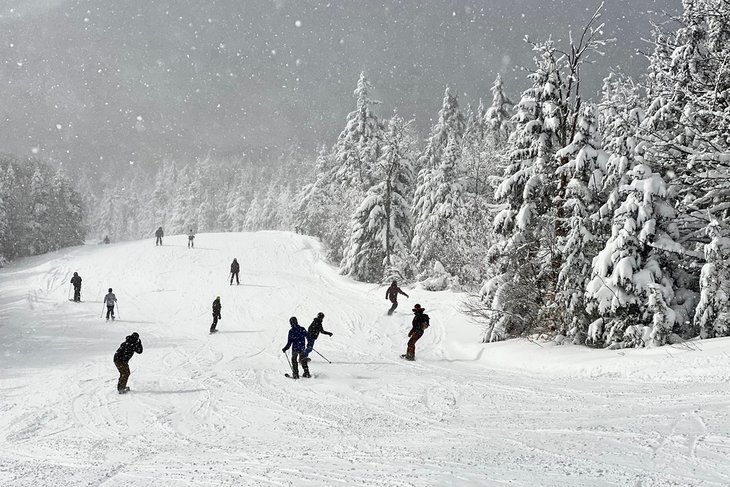 滑雪和滑板者享受新鲜的雪Okemo山区度假胜地