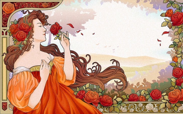 慕夏女神捧着玫瑰在花园里，复古的新艺术海报